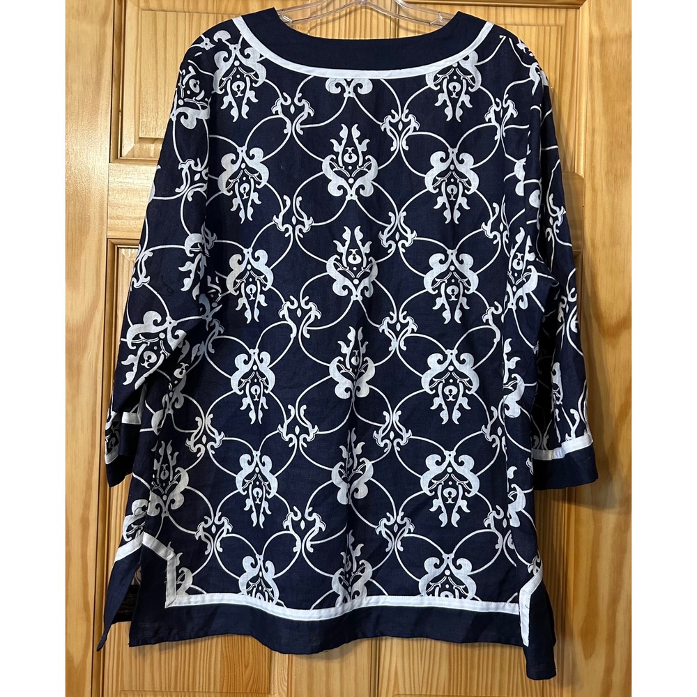 Saint Tropez West women's 100% linen navy tunic top 1X white print cottage core - Picture 2 of 5